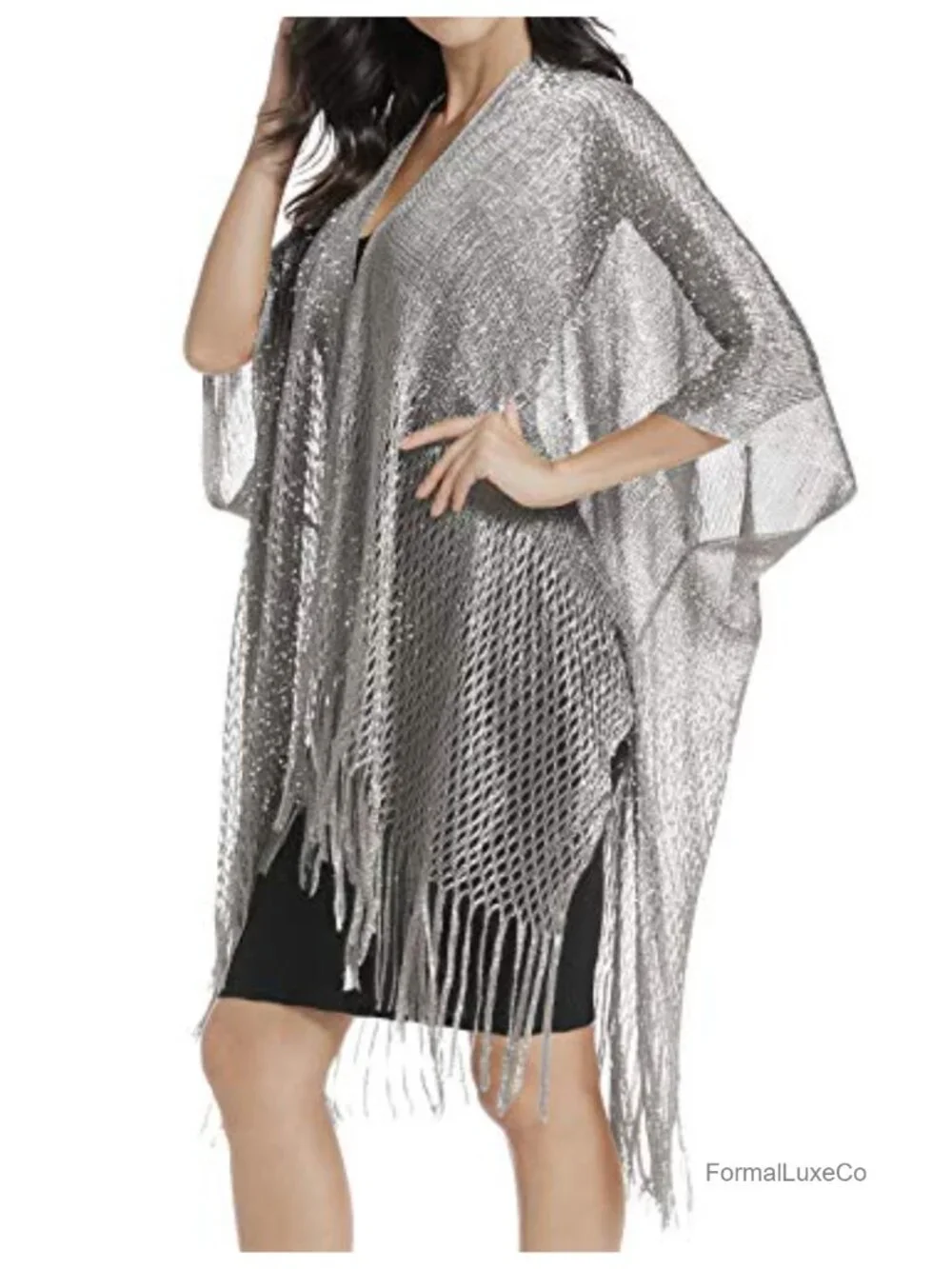 Women's Sequin Fringe Evening Shawl Wrap, Sparkly Formal Cardigan, Metallic